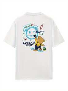 Camiseta de verano para mujer, de corte holgado y largo, con estampado divertido de oso de dibujos animados en la espalda - Camiseta transpirable de manga corta y cuello redondo para atuendos casuales, camiseta con oso, suéter cómodo, camiseta con ilustración divertida, material no transparente. - Blanco - Ver 3