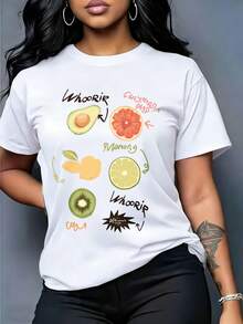 Camiseta de manga corta para mujer, con estampado de frutas variadas como aguacate, pomelo, limón y kiwi, decorada con letras manuscritas y flechas, cuello redondo, ideal para uso diario casual. - Blanco - Ver 7