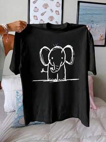 Camiseta de mujer con estampado de elefantes, camiseta casual de manga corta con cuello redondo, adecuada para uso diario - Camiseta unisex de algodón holgada de manga corta con cuello redondo estilo vintage urbano, blusas para mujer. blusas.blusas casuales para dama. - Negro - Ver 6