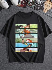 Ilustración que representa la amistad y el espíritu aventurero en la naturaleza con animales y paisajes selváticos llenos de vida y color camiseta de mujer  cómoda y suave ideal para uso diario y salidas casuales - Negro - Ver 3