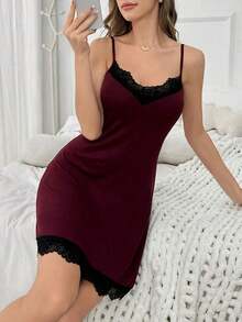 Camisón de pijama con tirantes y adorno de encaje para mujeres - Burdeos - Ver 3