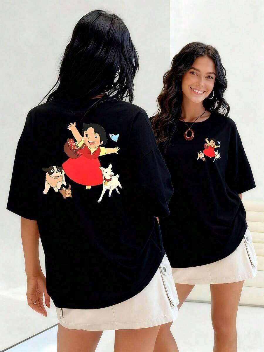 Una alegre niña rodeada de un perro un conejo y una cabra saltando feliz camiseta de mujer con 100% algodón para un look casual y divertido que transmite alegría infantil.Suitable for spring, summer and autumn - Negro - Ver 1