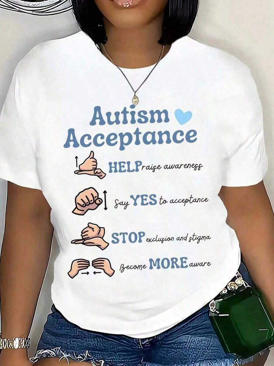 Modern MinimalistCamiseta de Concientización sobre la Aceptación del Autismo para el Mes de Concientización sobre el Autismo, Apoya la Inclusión y Detiene el Estigma con Diseño en Lenguaje de Señales para Hombres, Mujeres y Niños,casual everyday - Blanco - Ver 1