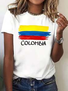 Camiseta de manga corta para mujer, moderna, minimalista, elegante y fresca - Inspirada en la bandera de Colombia con un diseño agradable al tacto. Esta camiseta de cuello redondo, fácil de combinar, es adecuada para todas las estaciones, disponible en varias tallas, perfecta para salidas diarias y uso casual. - Blanco - Ver 1