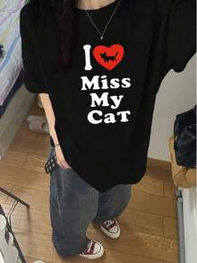 Camiseta de Manga Corta con Estampado de Corazón y Letras para Mujer, Moda Veraniega Versátil Cuello Redondo Holgado - Negro - Ver 2