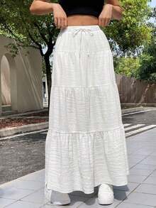 Falda blanca de mujer para vacaciones con diseño entretejido, casual con cordón, volantes en el bajo, de corte maxi en capas, de talle ultra bajo, de ajuste regular, para uso diario casual en primavera/otoño - Blanco - Ver 6