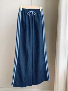 Pantalones de chándal casuales y holgados con cintura elástica y rayas laterales marrones para mujer - Niebla azul - Ver 11