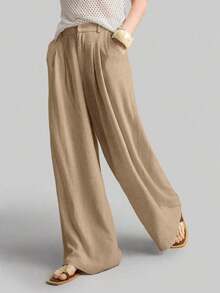 Ontre 2026SS Nuevos pantalones de pierna ancha para mujer, pantalones casuales y sueltos con cintura plisada, adecuados para estilo bohemio, Ibiza, vacaciones, festivales, invitados de boda, oficina, maestros, vuelta al colegio, con bolsillos, ajuste relajado, elegante estilo urbano chic, pantalones versátiles para mujer para primavera/verano - Caqui - Ver 3
