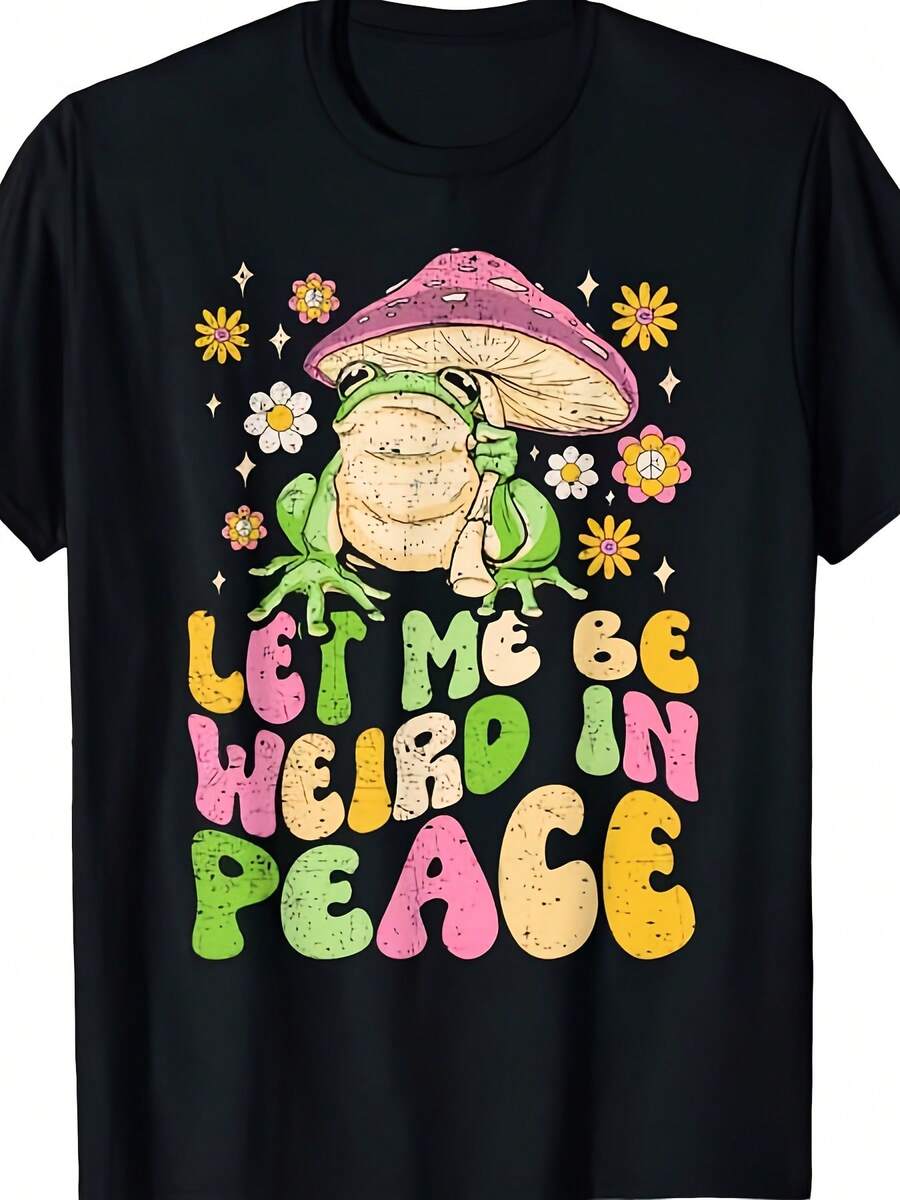 Nuevascamisetas2026, déjame ser peculiar en silencio. Camiseta con diseño de rana estilo duende adorable-Camiseta unisex de manga corta con diseño retro, con estampado de una rana fantástica y un hongo, de algodón puro de 220 gramos, estampado multicolor, adecuada para uso casual en todas las estaciones, disponible en tallas grandes, Retro. Y2K, Dulceniña, Camiseta de manga corta para hombre, productos de anime japonés, conjuntos para niños, San Valentín, camiseta de mujer de algodón puro, camiseta informal negra de cuello redondo para hombre, camisas para niños, ropa para niñas, conjuntos de televisión para niñas, conjuntos a juego para madre e hija - Negro - Ver 1