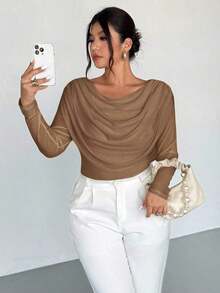 Blusa sexy de manga larga con cuello en V profundo y malla transparente ajustada para mujer de talla grande, adecuada para el Día de San Valentín, conciertos, actuaciones, citas, cenas formales, bailes de graduación, bodas, estilo sexy y elegante, para ir al trabajo, de vuelta a la escuela, vacaciones, playa, romántica, estilo sirena, fiestas de cumpleaños - Marrón 2 - Ver 5