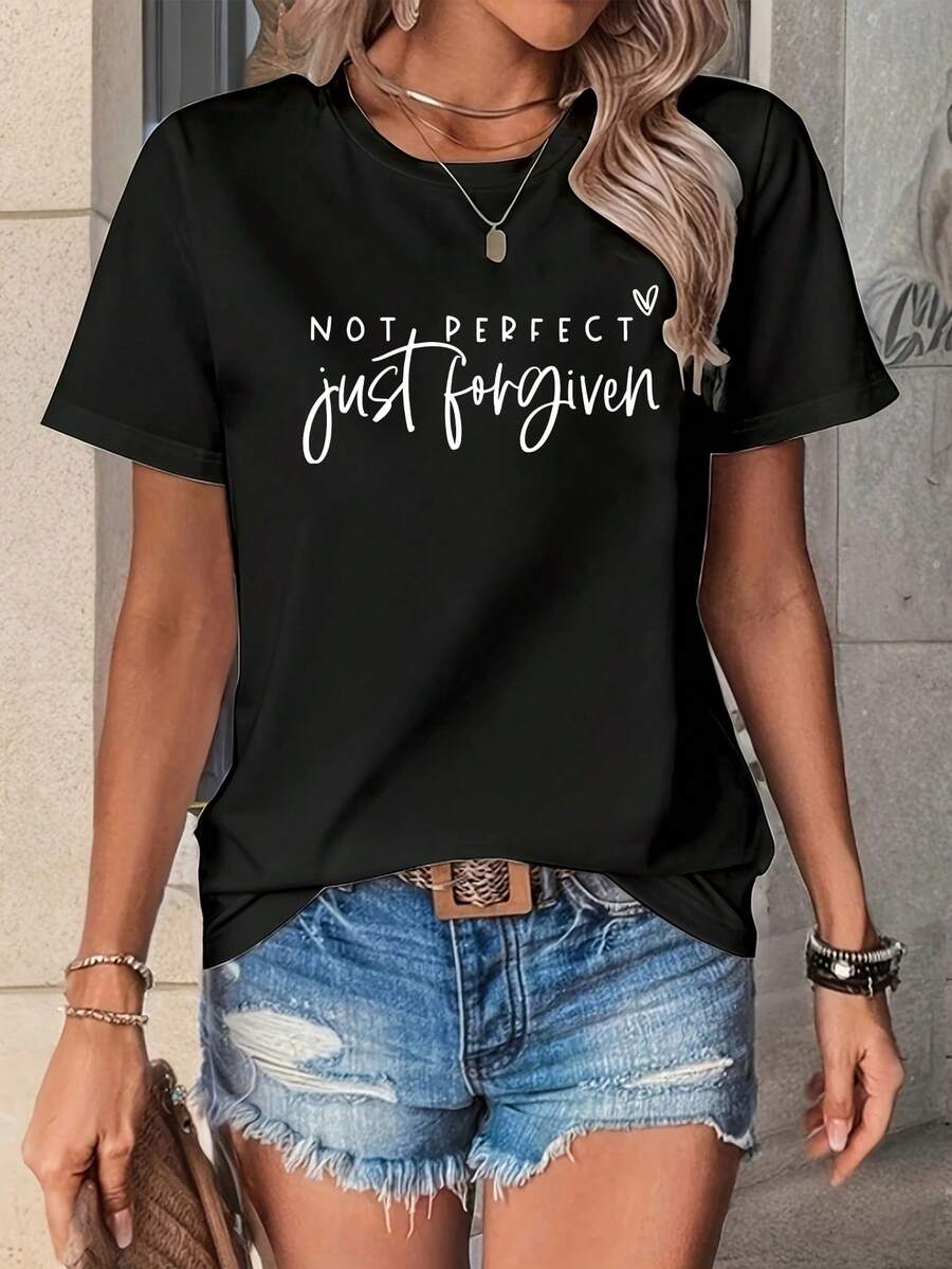 1 Pc Women's Inspirational Christian T-Shirt "Not Perfect, Just Forgiven" - Casual Crew Neck, Short Sleeve, Polyester Fabric With Slight Stretch, Religious Print Top For All Seasons - 黑色 - 查看 1