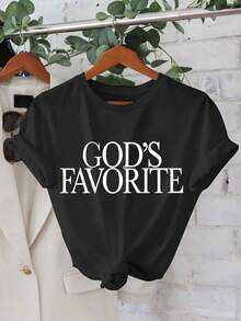Favorite God, Casual Fashion With Targeted Print, Edged Collar, Ribbed Collar, Double Shoulder Stitching, Short Sleeve Sports T-Shirt For Women, Suitable For Spring And Summer Wear - Comfortable. - 黑色 - 查看 1