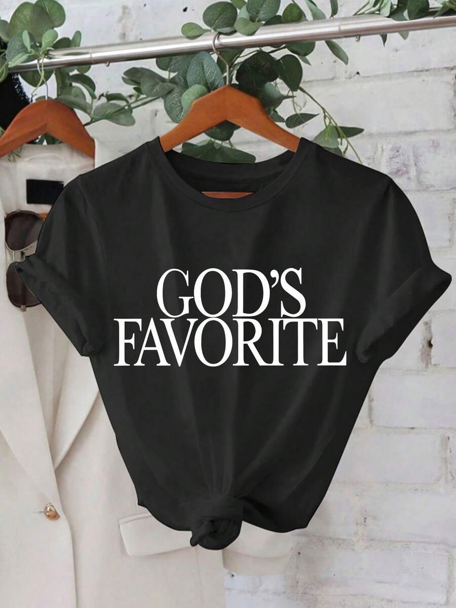 Favorite God, Casual Fashion With Targeted Print, Edged Collar, Ribbed Collar, Double Shoulder Stitching, Short Sleeve Sports T-Shirt For Women, Suitable For Spring And Summer Wear - Comfortable. - 黑色 - 查看 1