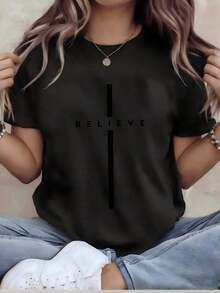 Comfortable Women's Fun Printed T-Shirt - Casual Short-Sleeve Crew Neck Top, Loose Fit, Machine Washable For Year-Round Comfort, Casual Wear; Relaxed Style; Durable Print, Perfect For Holiday Gifts. Loose And Versatile Women's Short-Sleeve T-Shirt - 黑色 - 查看 12