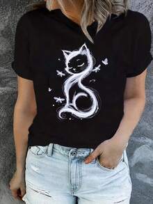 Stylish Short-Sleeved T-Shirt With A Cat Print For Women,  Casual Wear, Versatile Top For Everyday Wear, Vacations, And Travel, Available In Multiple Colors, Sizes S-XXL. A Very Distinctive Printed T-Shirt / Unisex Style / Suitable For Both Men And Women / Wrinkle-Resistant / Breathable. - 黑色 - 查看 1