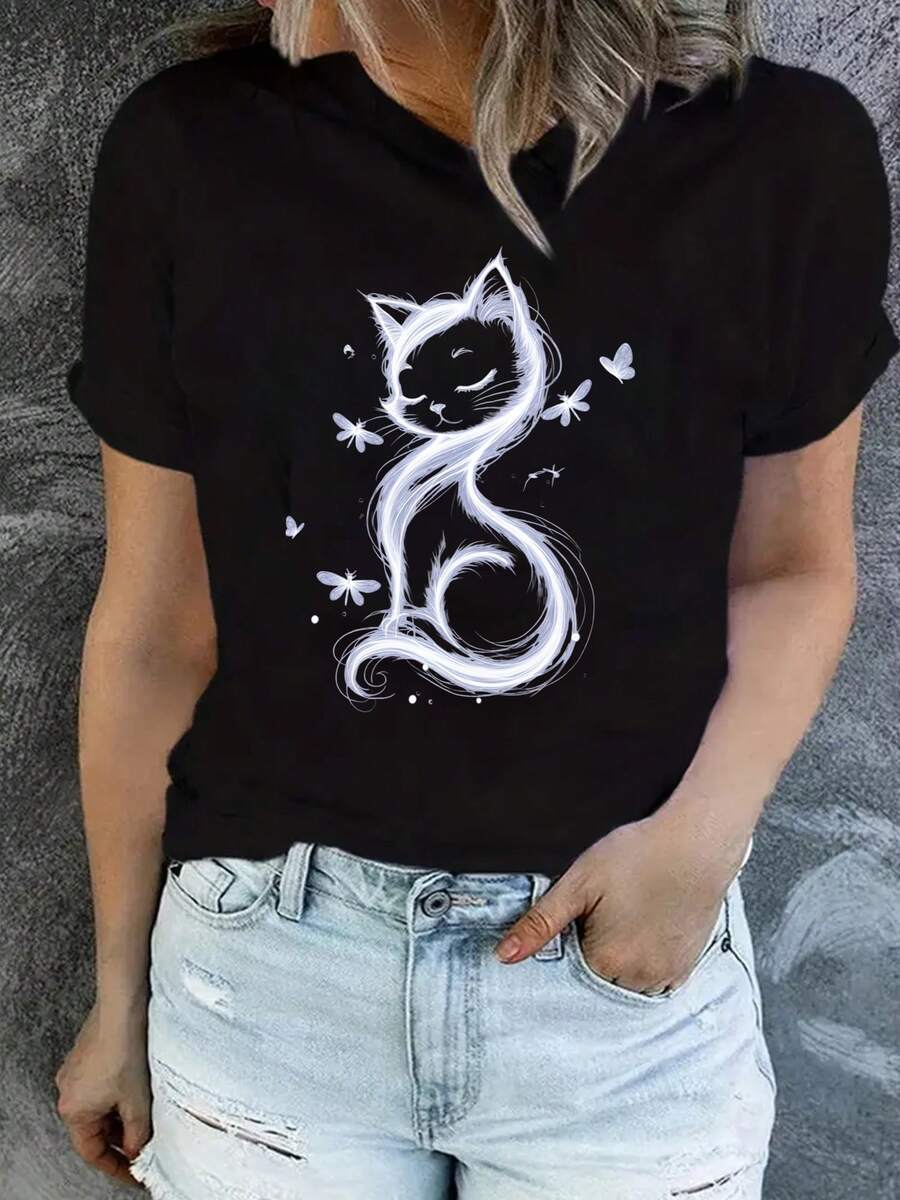 Stylish Short-Sleeved T-Shirt With A Cat Print For Women, Casual Wear, Versatile Top For Everyday Wear, Vacations, And Travel, Available In Multiple Colors, Sizes S-XXL. A Very Distinctive Printed T-Shirt / Unisex Style / Suitable For Both Men And Women / Wrinkle-Resistant / Breathable. - 黑色 - 查看 1