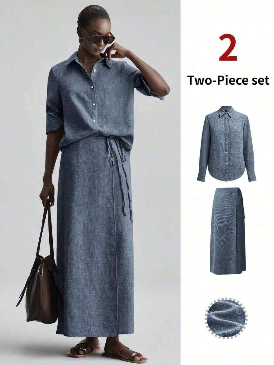 Ontre 2026SS New Summer Women's 2-Piece Set, Woven Fabric, Comfortable Woven Material, Button Design Shirt And Side Tie Waist Skirt, Women's Shirt, Women's Skirt, Independence Day, Urban Chic, Minimalist Fashion Commuter, Wedding Guest Attire, Holiday Outfit, Women's Office Wear, Minimalist Elegant, Teacher's Outfit, Tea Party Casual, Loose Daily Women's Bestseller Solid Color, Back To School Light Vacation Style, Everyday Wear, Fashionable Versatile Women's 2-Piece Set - 藍色 - 查看 1