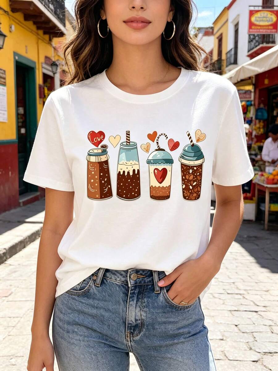 Limited Time Offer, Limited Quantities, Flash ! Women's Casual Shirts, Women's Polyester T-Shirts, Elegant Shirts. Women's Short-Sleeved, Round-Neck Sports T-Shirt With Ice Cream, Coffee, Caramel, And Tea Prints, Perfect For Summer. - 白色 - 查看 1