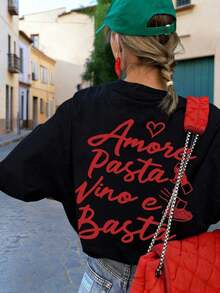 Nueva Camiseta de Verano Minimalista de Moda Italiana con Estampado de Letras de Vino y Pasta, Cuello Redondo, Manga Corta, Versátil y Elegante para Mujer, Blanca - Negro - Ver 1