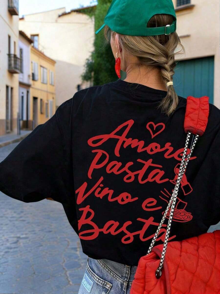 Nueva Camiseta de Verano Minimalista de Moda Italiana con Estampado de Letras de Vino y Pasta, Cuello Redondo, Manga Corta, Versátil y Elegante para Mujer, Blanca - Negro - Ver 1