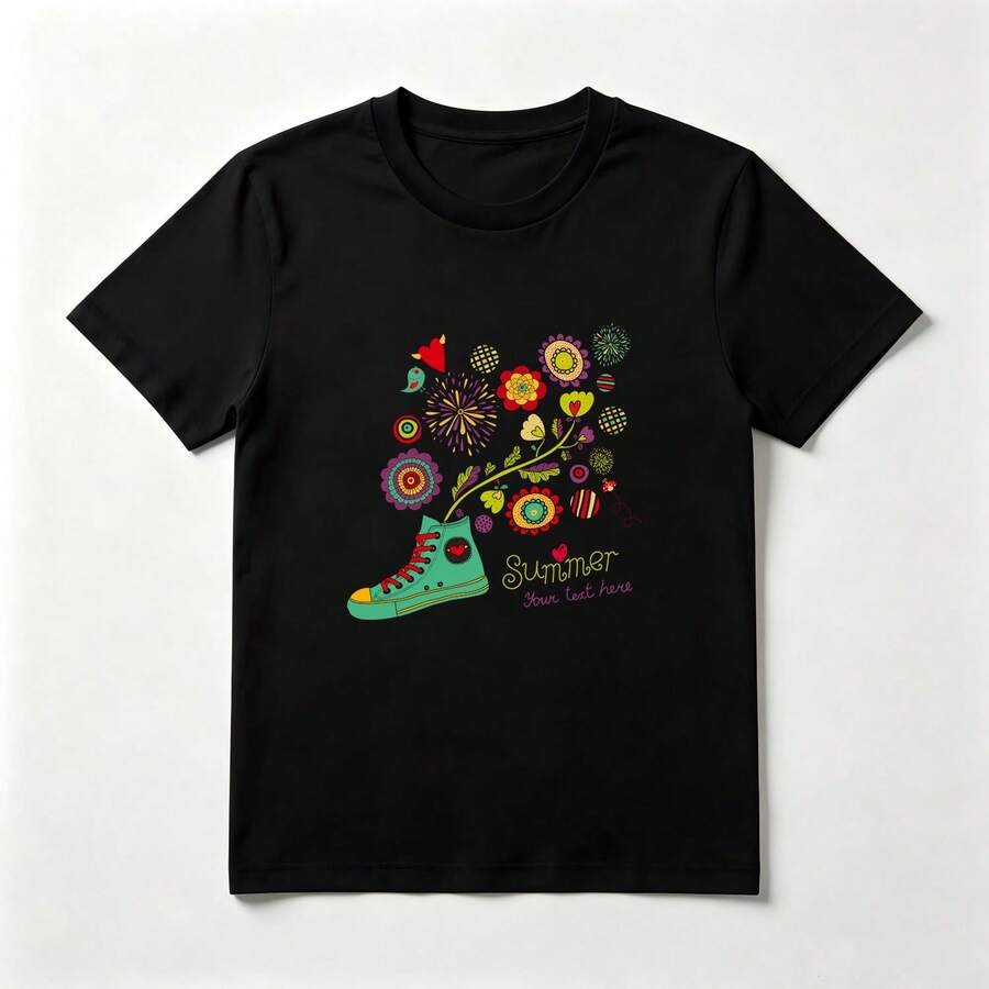 Zapatilla Flores Playera de Algodón Negro Veraniega Colorida - Negro - Ver 1