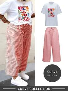 Conjunto de 2 piezas de mujer talla grande para primavera/verano 2026 con camiseta suelta estampada + falda a cuadros larga, esencial para el Día de San Valentín, uso diario y vacaciones, elegante rojo - Rojo - Ver 2