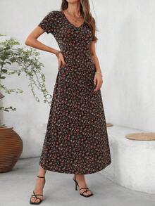 Vestido largo de punto con bolsillo, estampado elegante abstracto con degradado para mujer - Negro 2 - Ver 6