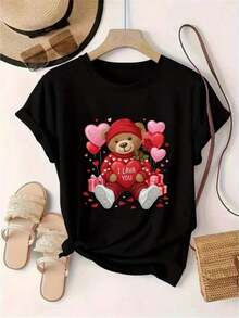 Women's Valentine's Day Teddy Bear And Heart Print T-Shirt, Round Neck, Casual Short-Sleeve T-Shirt / Short-Sleeve Tee - 黑色 - 查看 1