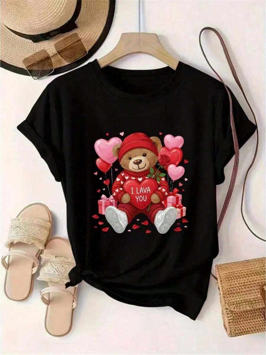 Women's Valentine's Day Teddy Bear And Heart Print T-Shirt, Round Neck, Casual Short-Sleeve T-Shirt / Short-Sleeve Tee - 黑色 - 查看 1