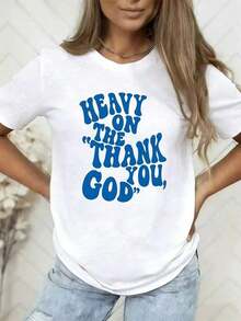 1pc Women's Sports And Leisure T-Shirt, Gratitude Theme, Retro Cartoon Pattern "Thank You, God" Short Sleeve, Outdoor Leisure And Vacation T-Shirt For Spring And Summer, Local Store, Casual And Elegant Short Sleeve T-Shirt. - 白色 - 查看 7