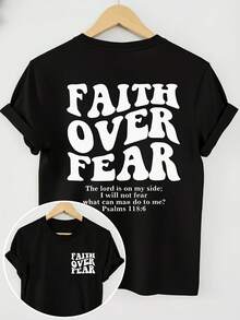 Short-Sleeved T-Shirt With Round Neck And Inspirational Print In English: "Faith Over Fear" - Black 2 - View 1