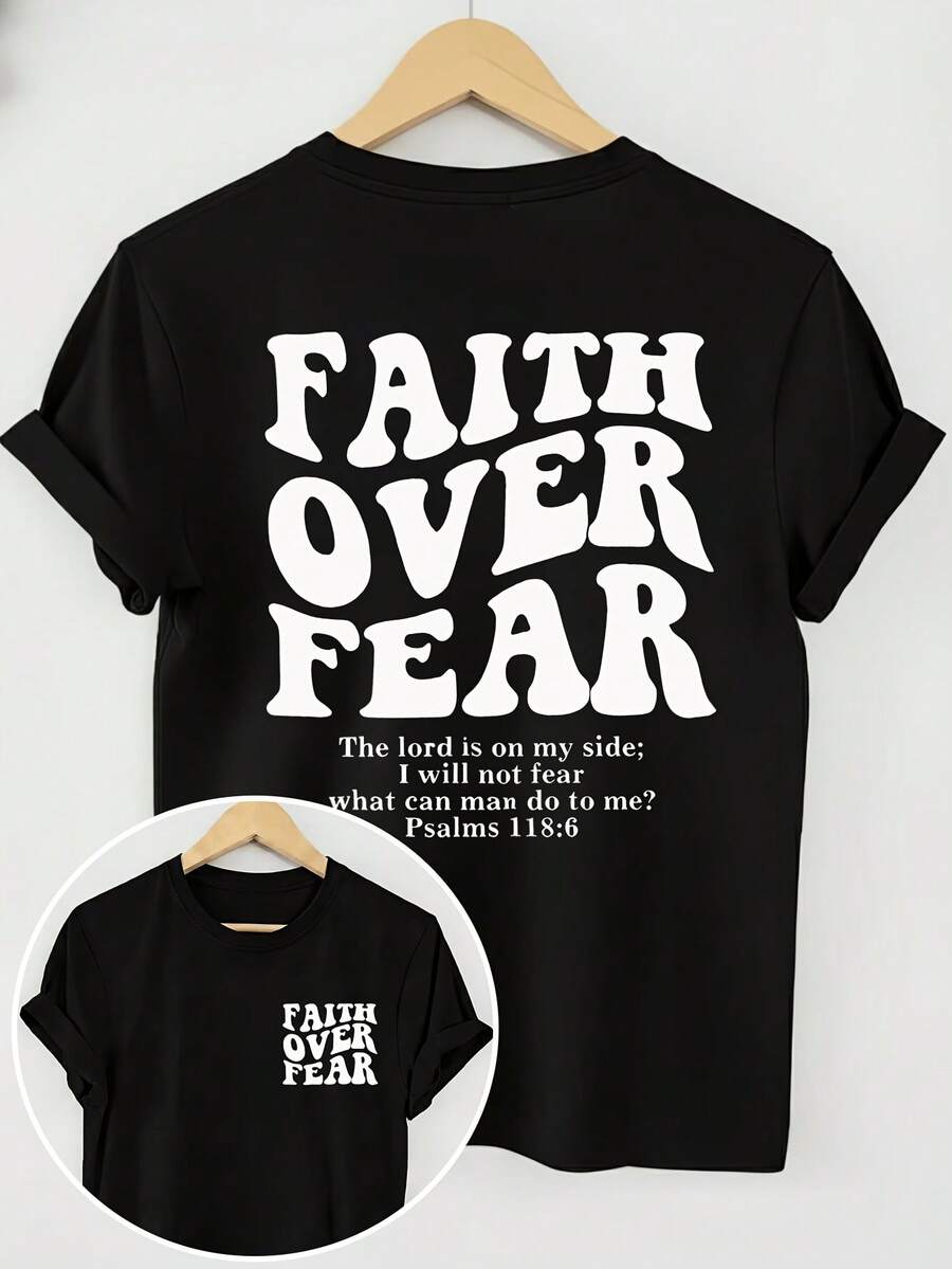 Short-Sleeved T-Shirt With Round Neck And Inspirational Print In English: "Faith Over Fear" - Black 2 - View 1