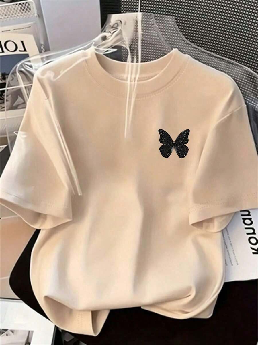 Soft 100% Cotton T-Shirt, 100% Pure Cotton, New Summer Style, Plus Size - Fashionable Printed Short-Sleeve T-Shirt For Women, Butterfly Design On The Left Chest, Round Neck, Casual Top For All Seasons, Machine Washable. A Great Gift For Family, Siblings, Friends, Parents, Or Teachers. Breathable Cotton T-Shirt, Goes With Everything. - 杏色 - 查看 1