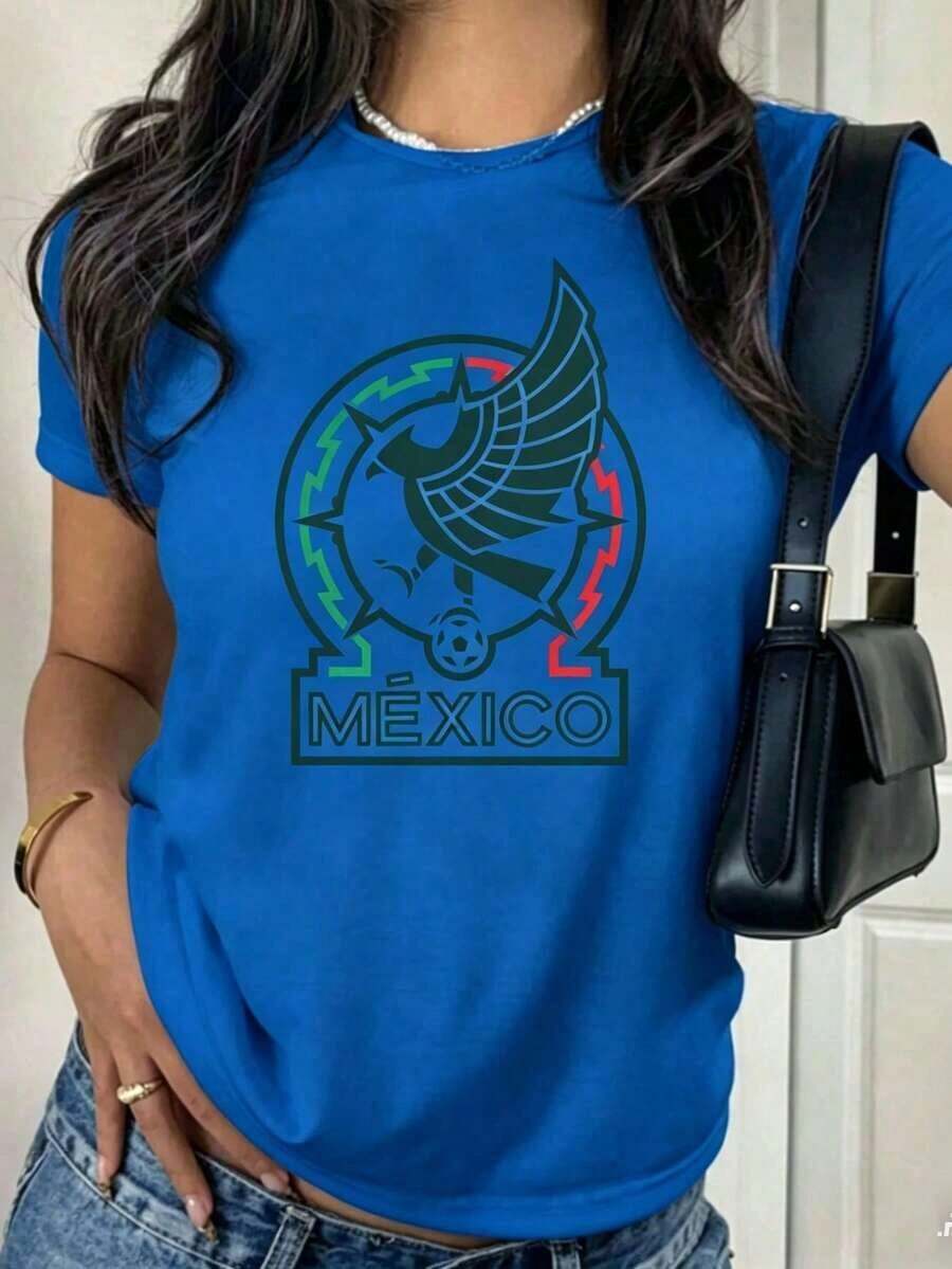 CasualPlayera Blanca de Mujer de México Fútbol con Águila y Estilo Azteca, Camiseta Aesthetic de Fanático de Fútbol Manga Corta, Top Moderno de Orgullo Mexicano, Blusa Casual de Moda MundialMust-have - Azul - Ver 1