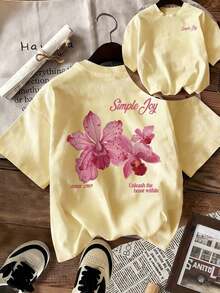 Esta camiseta de cuello redondo con estampado floral y de letras colorido para mujer es moderna y versátil para el verano.La camiseta gráfica viene en blanco y rosa, adecuada para usar en vacaciones.Negro Casual - Amarillo - Ver 5