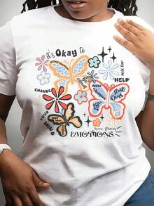 Women's Casual Cotton T-Shirt, One Size Fits Most, With A Colorful Butterfly And Flower Design - Inspirational Quote "Good Change", Round Neck, Short Sleeves, Lightweight And Breathable Fabric, Suitable For All Seasons, Casual Wear. | Floral Print Top | Comfortable Fit, Butterfly Style Shirt YJQT - 白色 - 查看 11