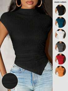 Camiseta de punto con bajo asimétrico de unicolor para mujer, primavera - Negro - Ver 1