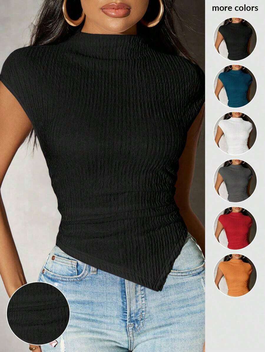 Camiseta de punto con bajo asimétrico de unicolor para mujer, primavera - Negro - Ver 1