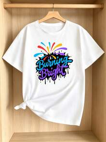 Women's T-Shirt: Basic White Printed T-Shirt For Ladies, Soft To The Touch And Lightweight, With Strong And Dazzling Artistic Fonts, Vibrant Graffiti Splashes, Festive Firework Patterns, Urban Street Style, Modern Aesthetic, The Best Choice For Music Festival Outfits. - 白色 - 查看 9
