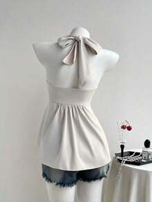 Top de tirantes con estampado de lunares marrones y detalle de nudo en la espalda para mujer, adecuado para verano, vacaciones de primavera, ceremonia de graduación, fiesta de boda, vacaciones elegantes, playa casual, estilo Y2K lindo y sexy y - Albaricoque - Ver 2