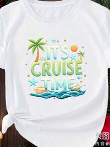 Teediy Women's Top - Vibrant Red | IT'S CRUISE TIME Nautical Graphic With Palm Trees, Waves And Stars, Casual Short Sleeve Crew Neck Top For Beach And Cruise Vacations | My Style For Men And Women, Summer 2026, 180G  2026 - 白色的 - 查看 10