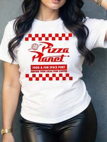 Women's T-Shirt With A Fun Pizza Planet Print, An Original And Modern Design, Ideal For A Casual And Stylish Look. Made From Soft Cotton For Maximum Comfort. Perfect For Everyday Wear Or A Pizza Night With Friends. - Vintage Street Style Unisex Cotton Short Sleeve Crew Neck T-Shirt - 白色的 - 查看 6