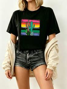 Camiseta de mujer con diseño de rayas de serape y cactus del desierto mexicano, camiseta negra de manga corta para mujer, con estampado de plantas suculentas y leopardo, estilo urb - Negro - Ver 4