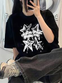 Plus Size Women's Short Sleeve T-Shirt - Japanese Korean Style With Geometric Star Print, Round Neck And Relaxed Fit, Breathable Fabric For Spring Summer Autumn, Machine Washable Casual Wear, Seasonal Fashion, Comfortable And Stylish - 黑色 - 查看 8