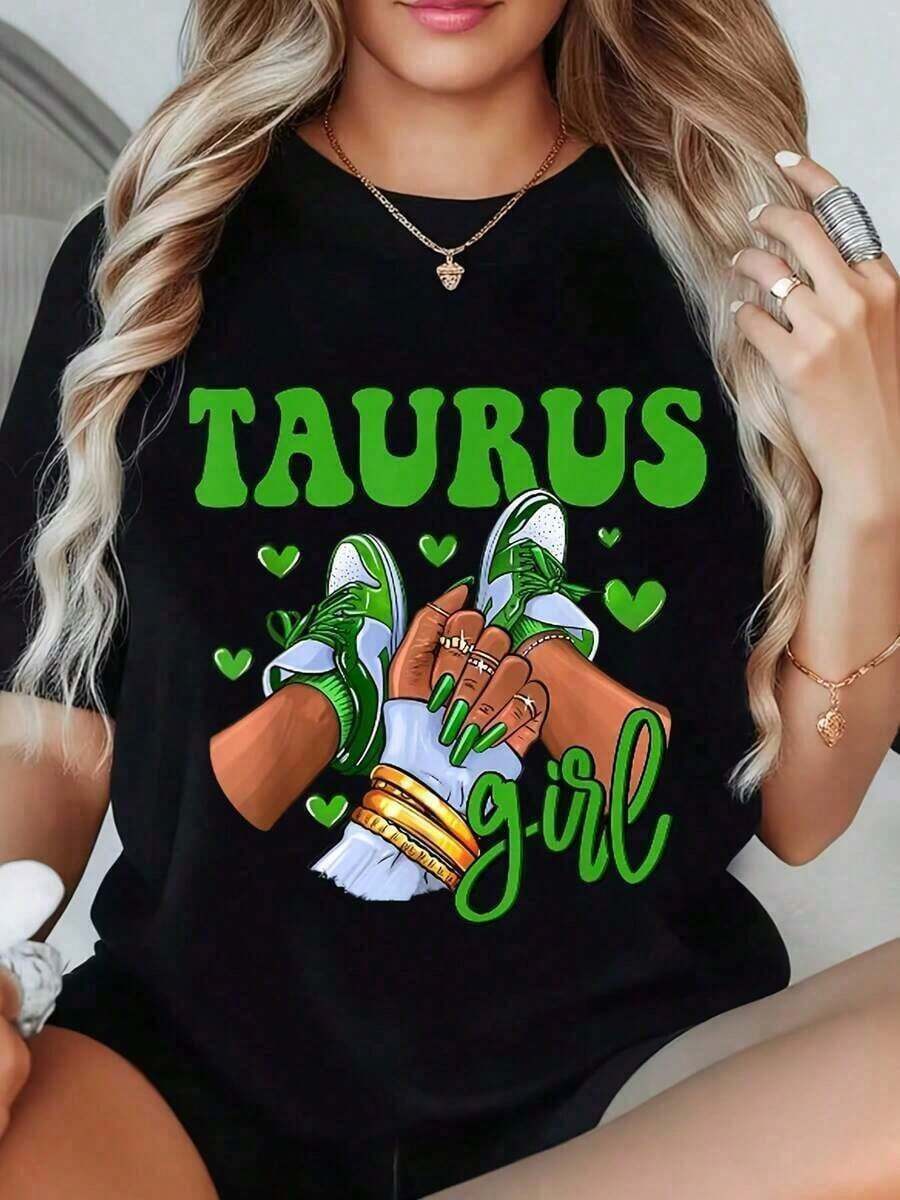 Unisex T Shirt Taurus Girl With Bull And Sneakers Print Round Neck T Shirt For Casual Wear And Zodiac Lovers Four Seasons Outfit Everyday Leisure Clothing Gift For Family And FriendsCotton T-Shirt - 黑色 - 查看 1