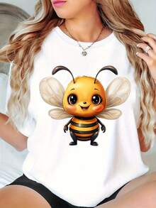 Talla Grande - Talla Grande - Camiseta de Mujer de Talla Grande con Cuello Redondo Casual y Estilosa con un Lindo Estampado de Abeja de Dibujos Animados para Primavera y Verano - Negro - Ver 1