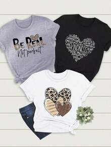 Artículo de moda: No es un conjunto de 3 piezas, sino una camiseta de mujer, colorida, 100% algodón, de una sola pieza, estilo universitario, empaquetada individualmente.Camiseta casual para mujer, corte holgado, manga corta, cuello redondo, estampado de leopardo, con la frase "Sé tu verdadero yo, no busques demasiado la perfección" impresa en ella, adecuada para usar en casa. - Blanco - Ver 1