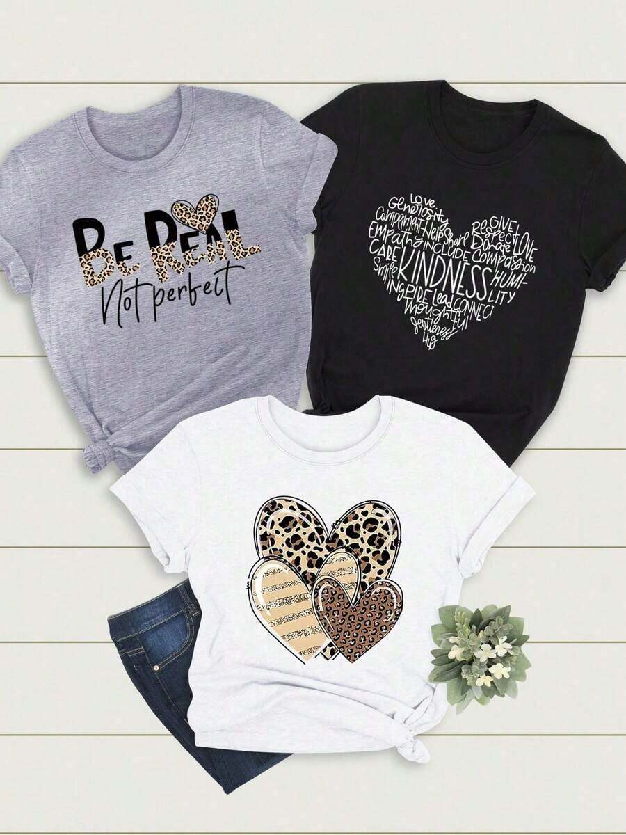 Artículo de moda: No es un conjunto de 3 piezas, sino una camiseta de mujer, colorida, 100% algodón, de una sola pieza, estilo universitario, empaquetada individualmente.Camiseta casual para mujer, corte holgado, manga corta, cuello redondo, estampado de leopardo, con la frase "Sé tu verdadero yo, no busques demasiado la perfección" impresa en ella, adecuada para usar en casa. - Blanco - Ver 1