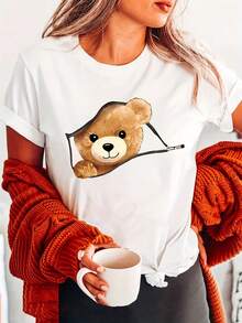 Cute Bear Print T-Shirt, Short Sleeve And Round Neck, Casual Top For Summer And Spring, Women's Clothing - 白色 - 查看 1