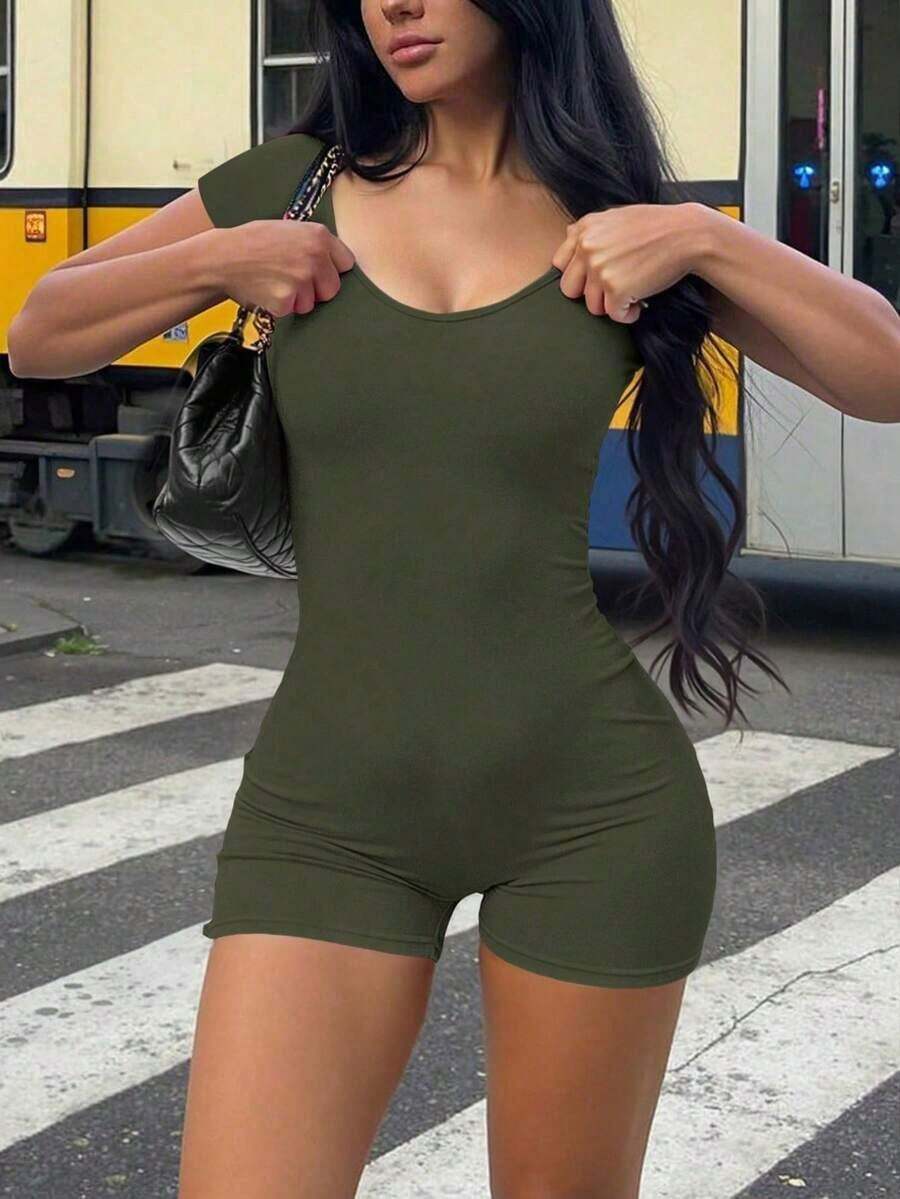 Mono de mujer , escote en U, silueta minimalista, ropa interior moldeadora cómoda, casual, sexy, versátil para exteriores, viajes, fiesta en la playa, vacaciones en el campo, vacaciones, Pascua, graduación, regreso a la escuela, mono de verano, ajust - Verde militar - Ver 1